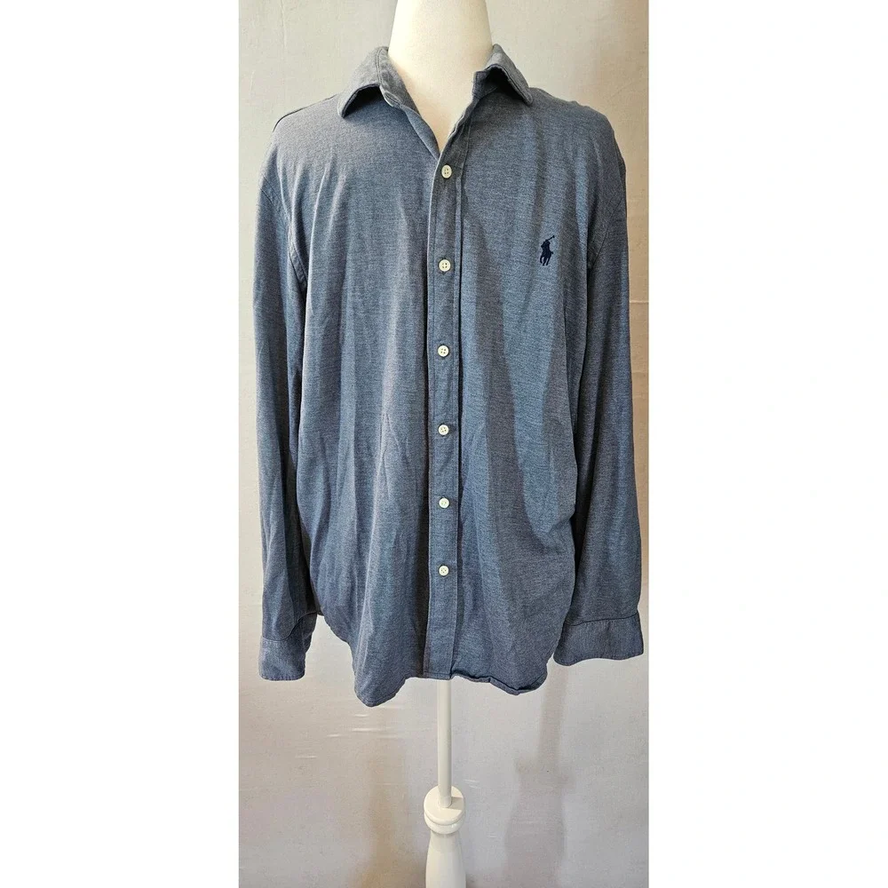 Polo Ralph Lauren Mens Blue Heather Jersey Knit Button Up Shirt Long Sleeve XL